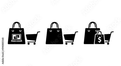 Vector illustration of set of shopping bags and carts icons on a transparent background