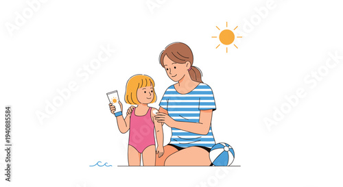 A mother kneels on a sandy beach, applying sunscreen to her small daughter's shoulder under the sun.