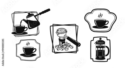 Vector illustration of set of coffee icons, espresso machine parts, french press and coffee cups on a transparent background