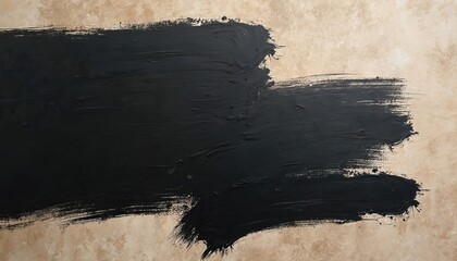 Bold black brush strokes applied over textured neutral wall surface. Abstract art background with rough paint texture and copyspace. Modern artistic design overlay.