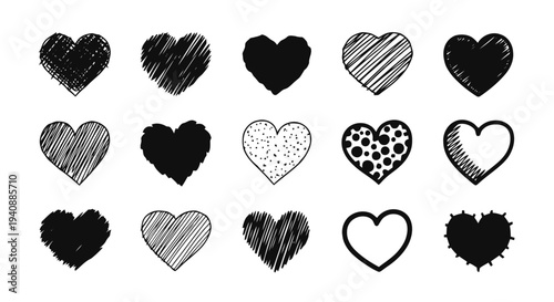 Vector illustration of collection of hand drawn hearts on a transparent background