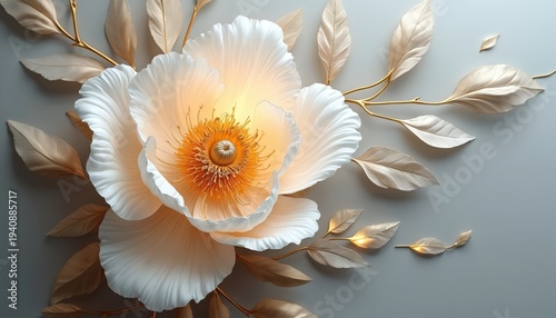 Luxury white peony bloom with gold leaves. Delicate petals illuminated softly. Elegant botanical art adorns neutral background. Sophisticated floral design element.