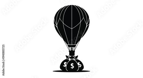black hot air balloon lifting money bags with dollar signs