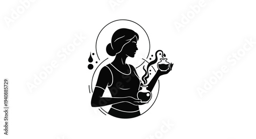 Black silhouette woman holding perfume bottle and applying fragrance