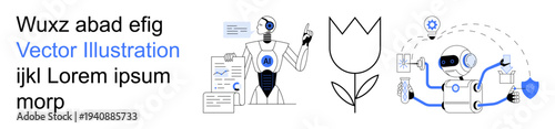 Artificial intelligence, robotics, automation, futuristic design, data processing, technological advancements. Robots interacting with charts and floral elements. AI and robotics innovation concept