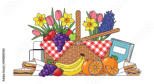 Vibrant picnic basket brimming with colorful flowers, fresh fruits, and tasty sandwiches for a delightful outdoor gathering.