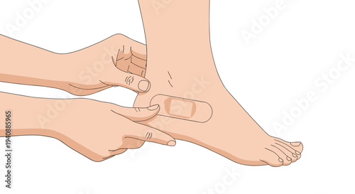 Two hands carefully apply a flesh-colored adhesive bandage to the outer ankle of a bare foot.