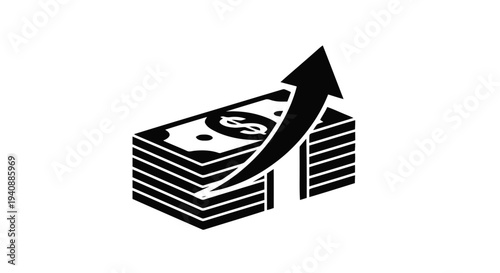 Vector illustration of stack of money with rising arrow icon on a transparent background