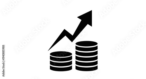 Vector illustration of black icon of growing coin stacks with upward arrow representing profit on a transparent background