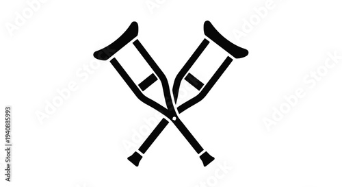 Vector illustration of black and white icon of crossed medical crutches on a transparent background