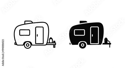 Vector illustration of travel trailer caravan icon set, camper van outline and silhouette symbols on a transparent background