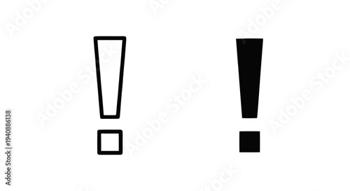 Vector illustration of set of two exclamation mark icons, outline and solid black style on a transparent background