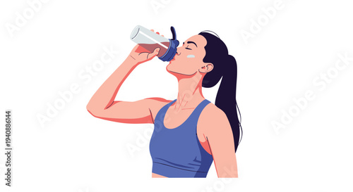 A fit woman with a ponytail, wearing a blue sports bra, drinks from a clear plastic water bottle.