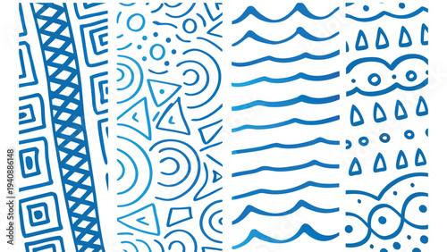 Set of 4 blue vector seamless patterns, abstract backgrounds