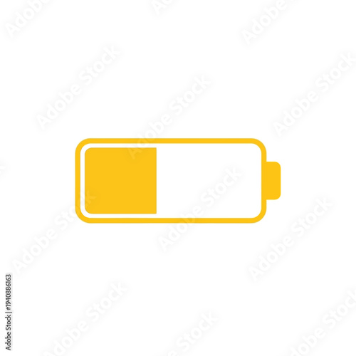 Simple yellow battery icon indicating low power, isolated on a white background, representing energy and charging status