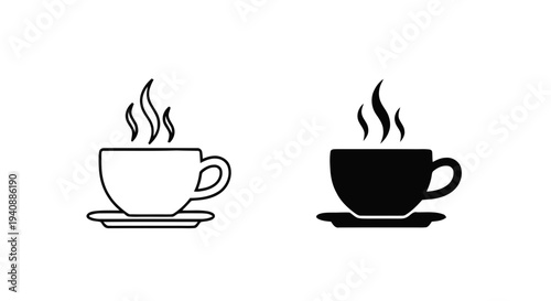Vector illustration of set of coffee cup icons with steam, outline and solid black vector design on a transparent background