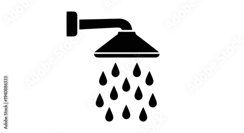 Vector illustration of shower head icon with falling water drops on a transparent background