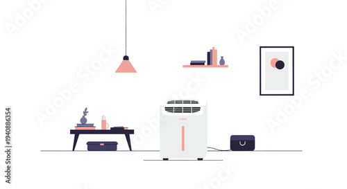 A modern white portable air cooler stands plugged in within a minimalist room, surrounded by contemporary decor elements including a hanging lamp and abstract art.