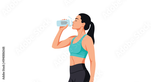 A fit woman in a teal sports bra and black leggings drinks from a clear plastic water bottle.