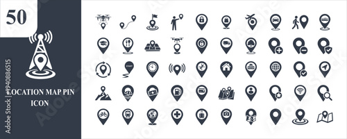 Set of 50 location map pin icons vector, black navigation markers for GPS tracking, travel destinations, logistics, and delivery services, flat minimal UI design elements for web and mobile apps
