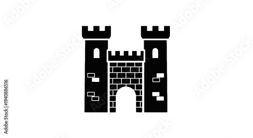 Vector illustration of black silhouette icon of a medieval castle fortress with two towers on a transparent background