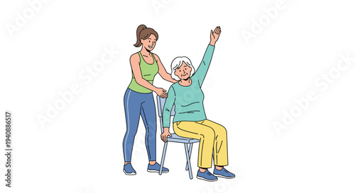 A younger woman in athletic wear assists an elderly woman seated on a chair, helping her raise her arm during an exercise session against a plain white background.