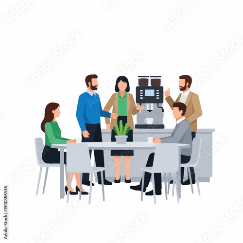 Diverse group of professionals gathered around a coffee machine in a modern office setting.