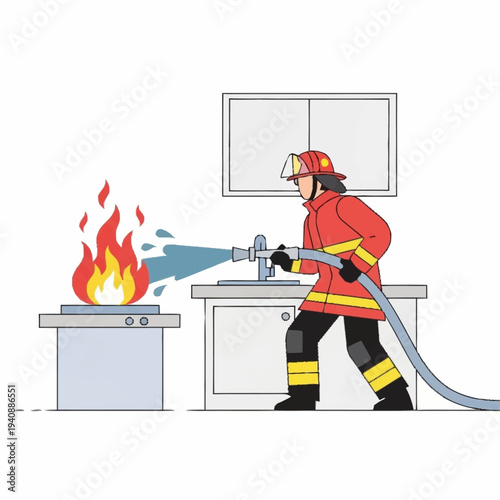 Firefighter bravely extinguishes kitchen fire with hose.