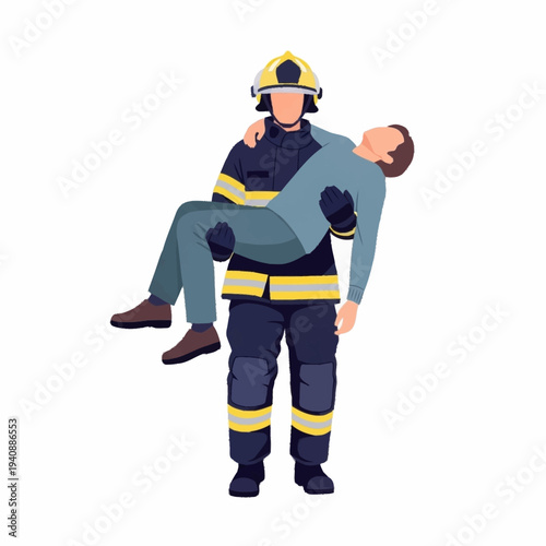 Firefighter carrying injured person to safety illustration.