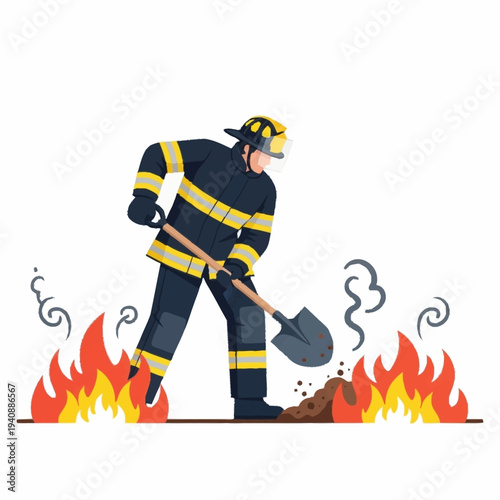 Firefighter in protective gear extinguishing a fire with a shovel.