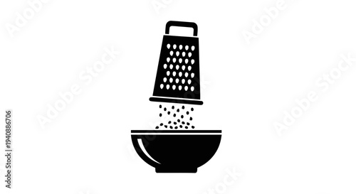Vector illustration of black and white icon of a kitchen grater grating food into a bowl on a transparent background