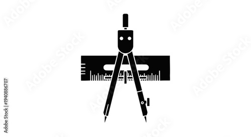 Vector illustration of black silhouette icon of a drafting compass and a ruler on a transparent background