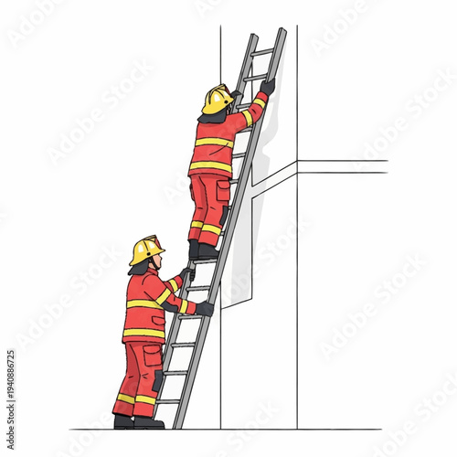 Two firefighters climbing a ladder during a rescue operation.