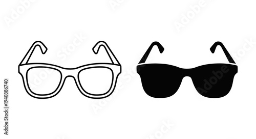 Vector illustration of set of eyeglasses icons, outline and silhouette style on a transparent background