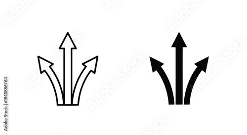 Vector illustration of threeway split arrows icon set, directional signs on a transparent background