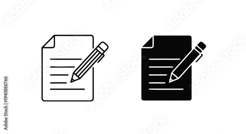 Vector illustration of document and pencil icon set for writing and note taking on a transparent background