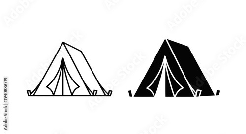 Vector illustration of camping tent icon set, outline and silhouette style on a transparent background
