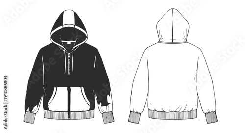 Vector illustration of front and back view of unisex zip up hoodie technical fashion sketch on a transparent background