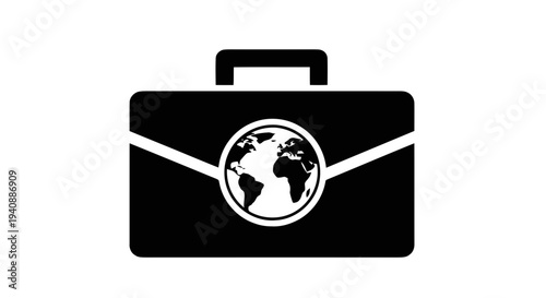 Vector illustration of business travel briefcase icon with world globe symbol on a transparent background