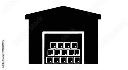 Vector illustration of warehouse building icon with stacks of boxes inside on a transparent background
