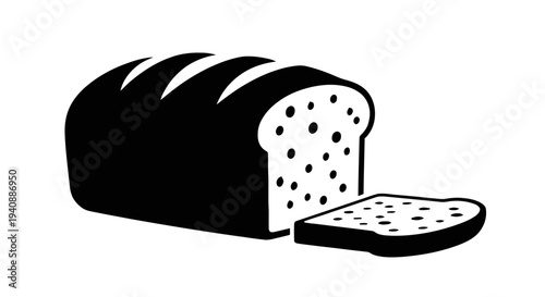 Vector illustration of black and white vector icon of a loaf of bread with a slice on a transparent background