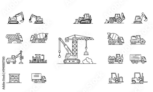 Construction Vehicles Heavy Machinery Outline Icons