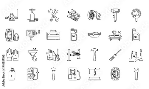Auto Repair Car Garage Tools Outline Icons