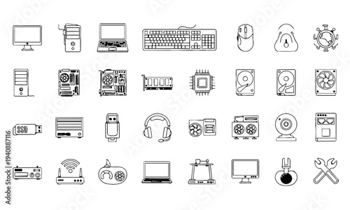 Computer PC Hardware Components Outline Icons