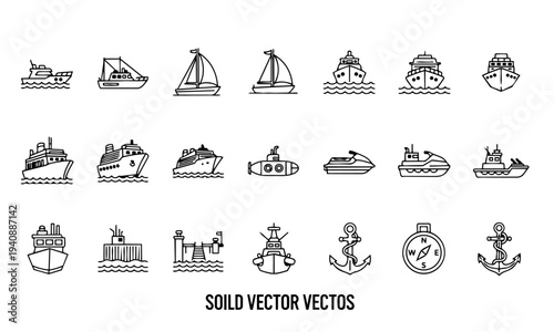 Nautical Ship Boat Marine Outline Icons