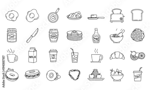 Breakfast Food Bakery Cafe Outline Icons