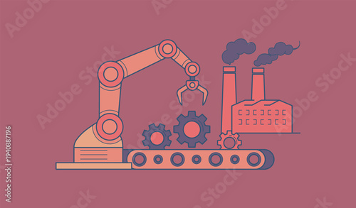 Vector illustration showcasing industrial automation with robotic arm assembling gears on factory conveyor belt. Smoke rises from chimneys. Symbolizing manufacturing and modern industry. Flat design.