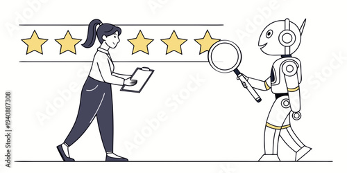 Female avatar next to robot reviewing star ratings using magnifying glass. Ideal for AI in customer feedback, quality control, user feedback, evaluation, data, analytics, simple flat metaphor See Less