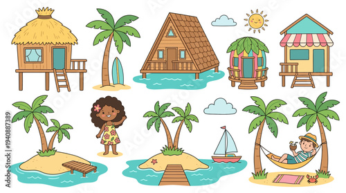 Colorful tropical beach hut scene set with palms island people and bungalows