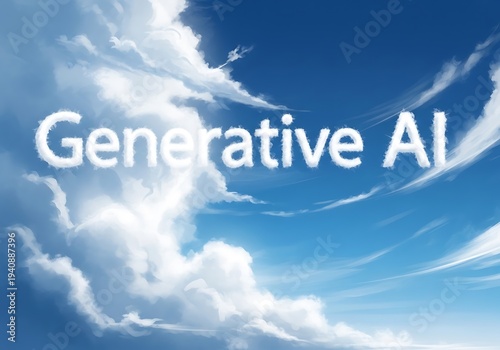 Artificial intelligence concept rendered as text formed by white clouds against a bright blue sky